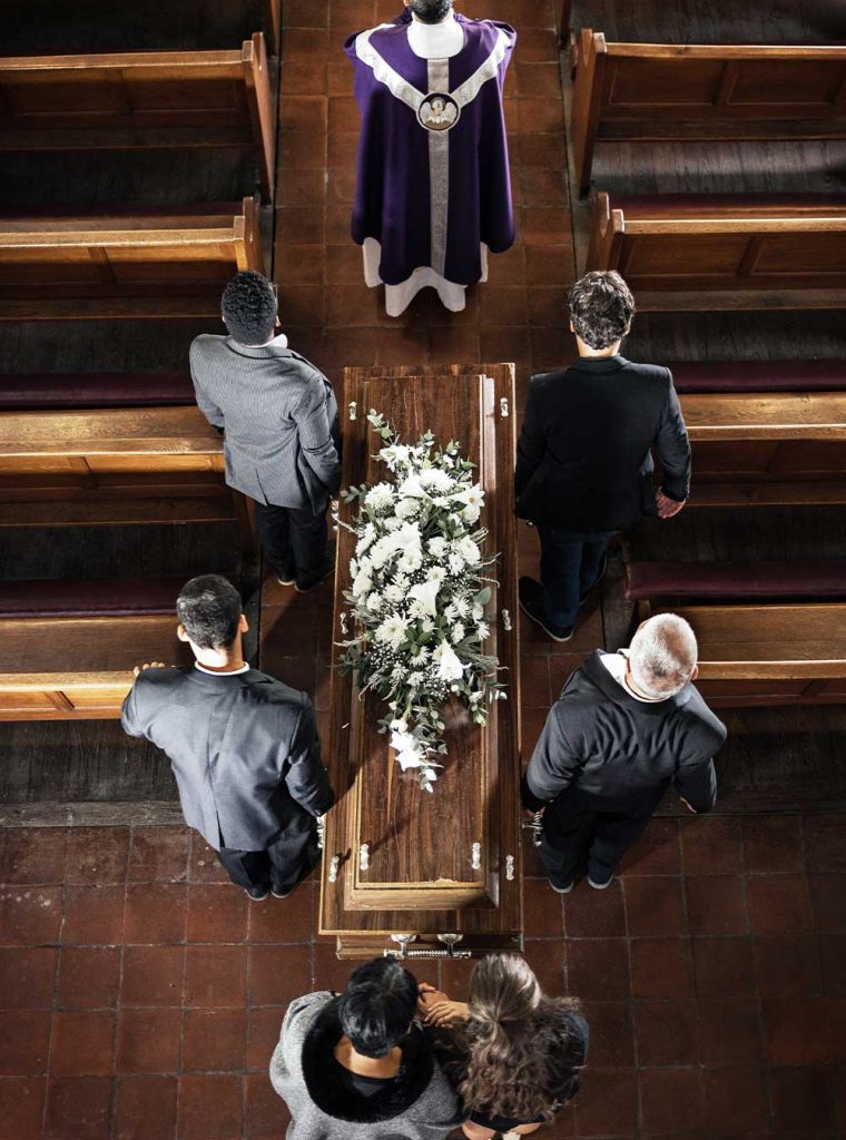 Funeral, church and family carry coffin for death, grief or sermon for burial with support. People,.